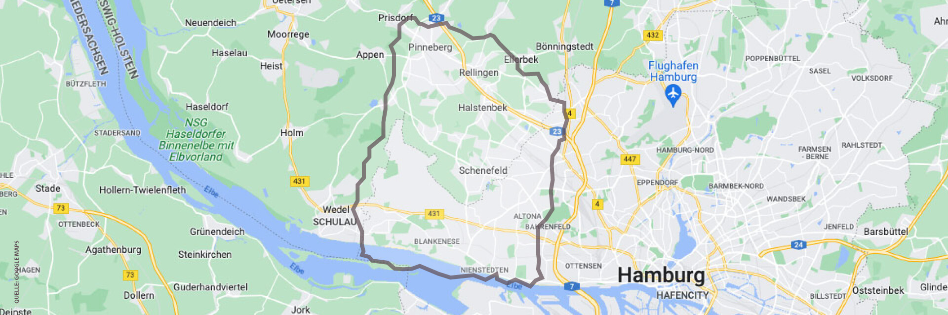 Straßenkarte mit eingezeichnetem Einzugsgebiet im Raum Schenefeld